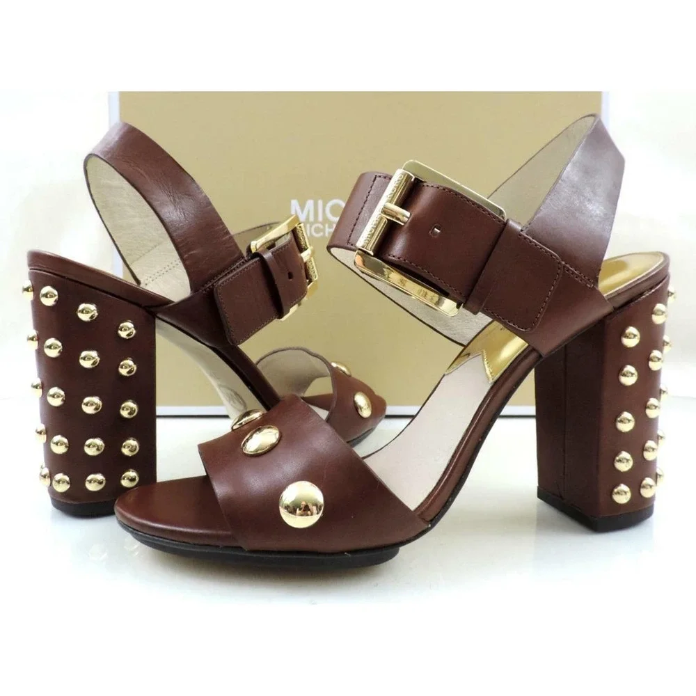 MICHAEL Michael Kors Linden Studded Block Heel Sandals Mocha Brown - Picture 2 of 8